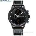 CRRJU 2142 Luxury Sport Watch with Three Small Dial Chronograph Stop Watches Casual Calendar Leather Waterproof Man Clock Wrist